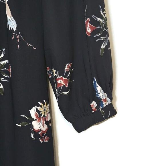 H&M Floral Bird Print V Neck Tie Neck Long Sleeve Black Shift Dress Size 12 - Picture 6 of 14